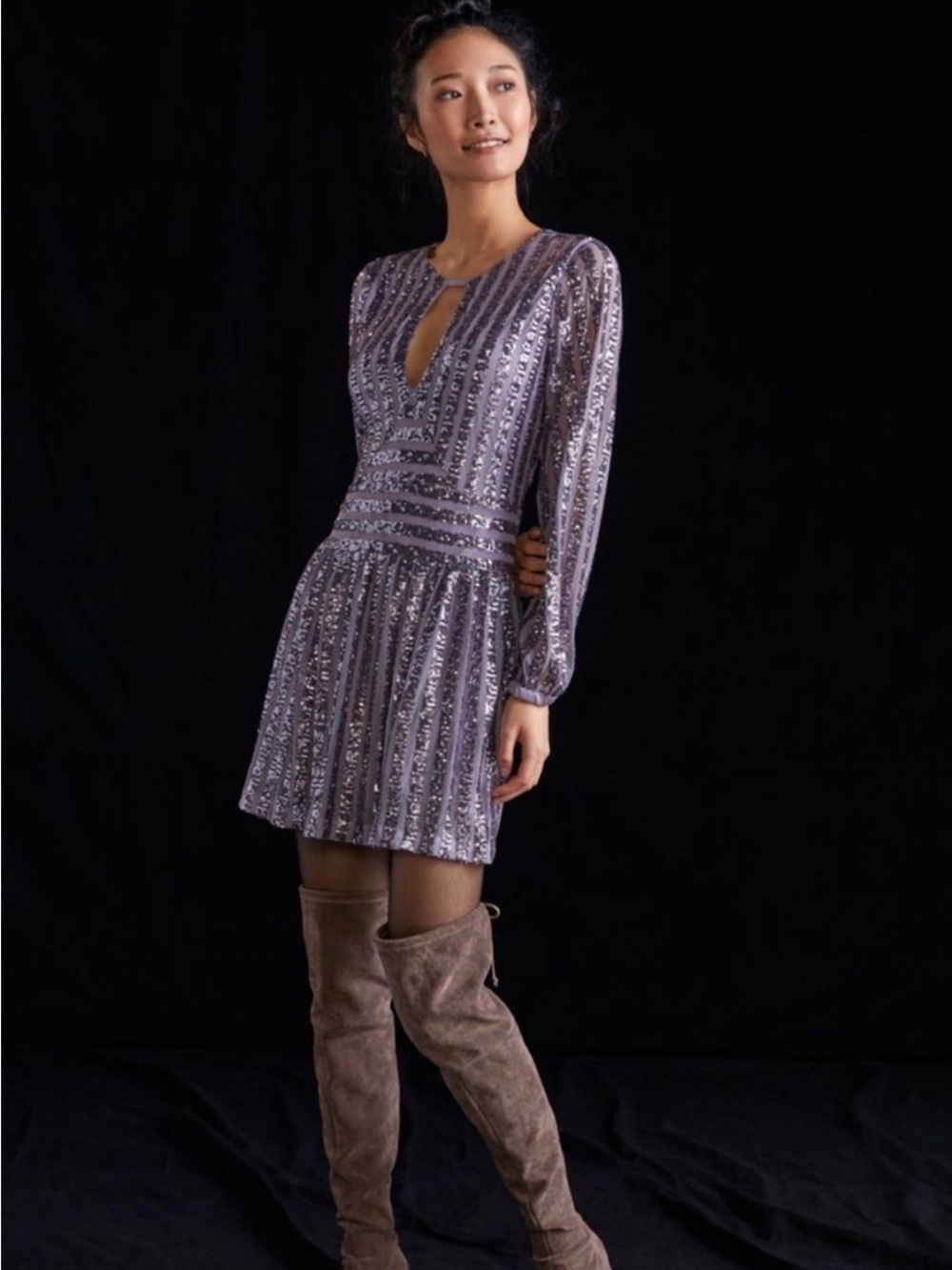 Anthropologie Lila Purple Sequin Long-Sleeve Open Back Mini Dress, SZ. 8